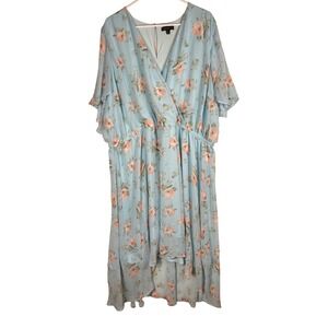 Lane Bryant Floral High-Low Maxi Dress 28 Light Blue Peach Rose Flutter Sleeve